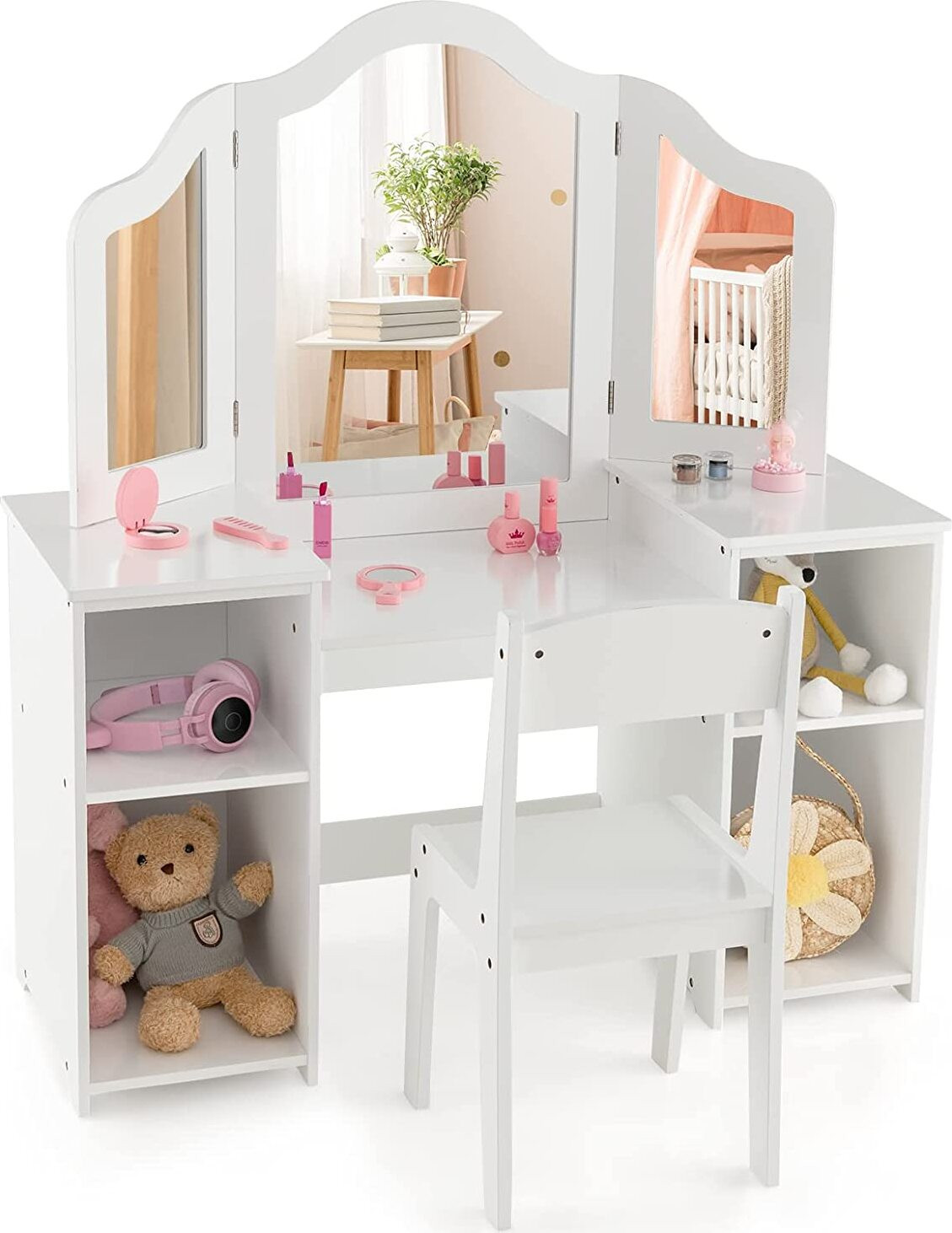 Costway 2-in-1 kindermake-uptafel met stoel en afneembare spiegel, wit