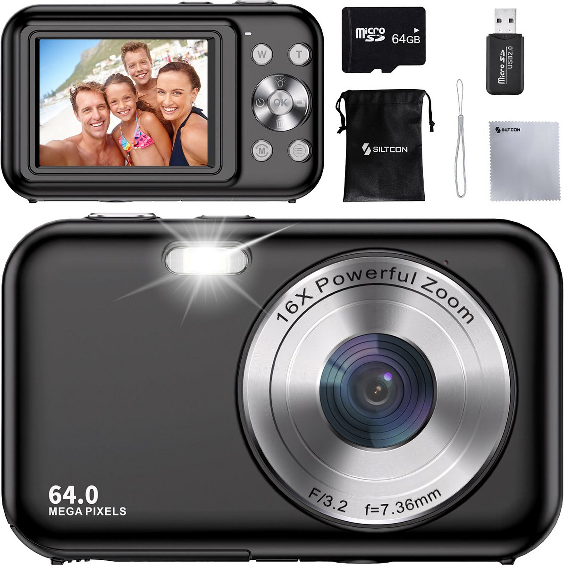 Siltcon Digitalkamera Full HD 64MP 16x Zoom mit 64GB SD-Karte Modell 7002