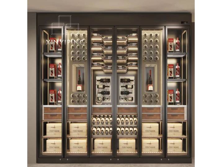 Unité de stockage de boissons thermostatique en acier inoxydable rouge, mobilier de présentation minimaliste pour le vin dans les restaurants, bars et clubs