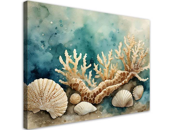 Feeby Leinwandbild Seemuscheln und Seesterne türkis 120x80cm, Grün, Floral, Rechteckig, 120x80 cm, Bilder & Rahmen, Bilder, Leinwandbilder