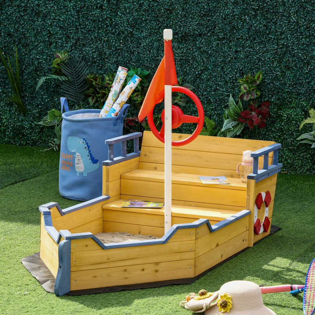 Freeport Park Outsunny Kids Wooden Sandbox, Pirate Ship Sand Pit w/ Bench, Storage Space Nature 45.5cm H X 78cm W X 158cm L