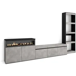 SKRAUT HOME Wohnzimmer-TV-Schrank, Wohnzimmer-Wandsystem, 310x35x186cm, Für TV-Geräte bis 65“, Elektrischer Kamin, Moderner Stil, Zementgrau _ 102_2