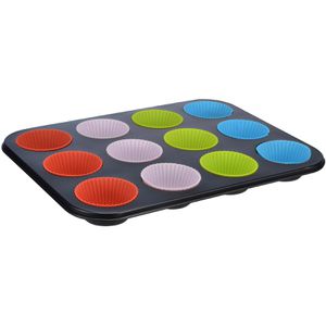 Böttcher-AG Backform für 12 Muffins, aus Stahl, 35 x 26,5 x 3 cm, schwarz, mit 12 Silikonförmchen, Muffinform