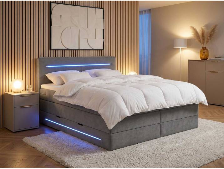 wonello Boxspringbett Brooklyn, Samt Bett mit LED Beleuchtung, Bettkasten und Topper