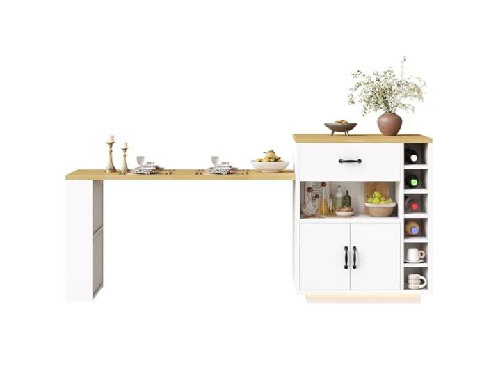 Ropilly Kücheninsel mit Ausziehtisch, MDF, 2 Schubladen, Weiß Ausziehbarer Tisch, viel Stauraum mit 2 Schubladen, 4 Türen und Weinregal für Küche und Essbereich