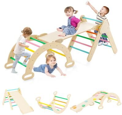 Costway 5-in-1 Wooden Kids Climber Toys with Triangle Arch Ramp-Multicolor