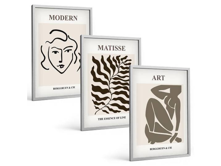 Tulup Bilder SET 3er Set - 40x60 cm Silberner Rahmen - Stilvolle Grafiken, Linien, Zeichen, Silberfarben, Kunststoff, Rechteckig, 40x60 cm, gerahmt, Bilder & Rahmen, Bilder