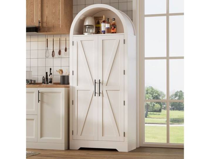 Vitrine Blanche MDF 2 Portes Armoire Haute Arche FloraGrace Pour Cuisine Ou Salon Étagères Réglables 70x35x170cm
