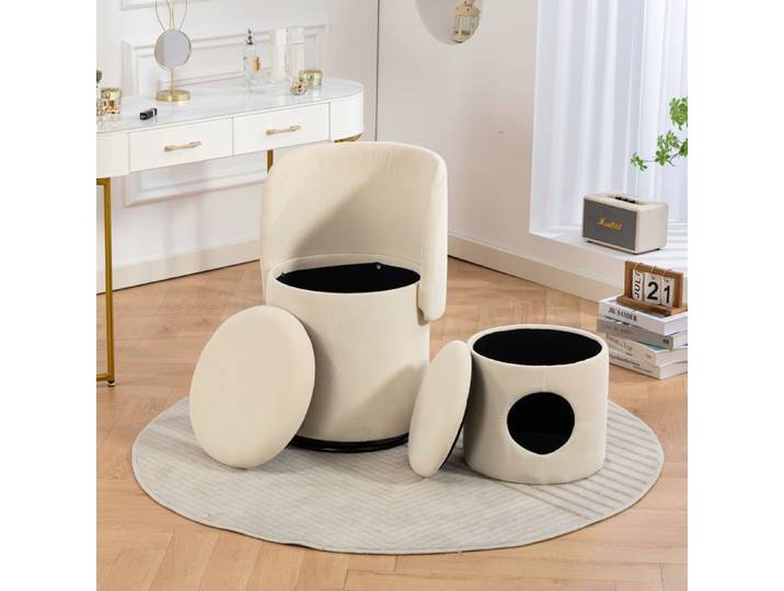 Fauteuil coffre pivotant 360° - ZEVKOR - Fauteuil 1 - Velours côtelé beige - Rangement intégré - Assise rembourrée