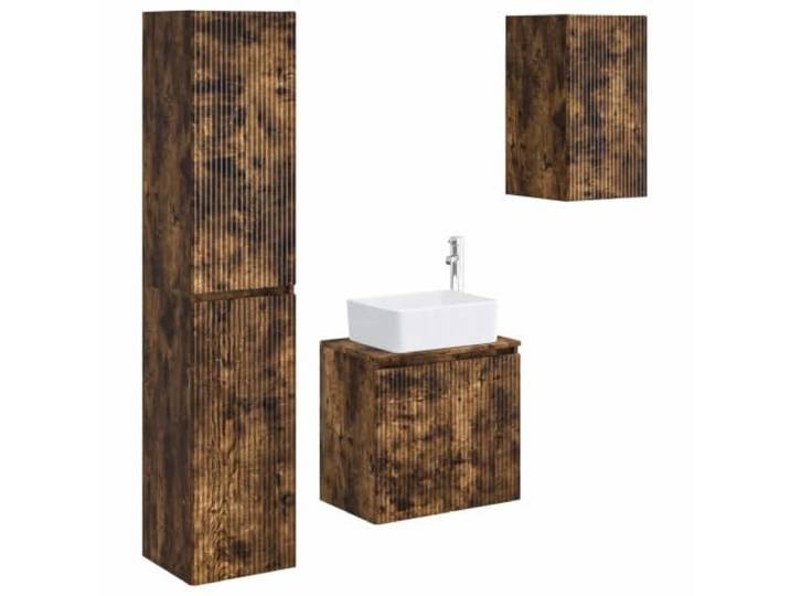 Badezimmermöbel-Set 3-teilig Eiche Rauchgrau 33 x 34,5 x 160 cm Waschbecken Holztechnik, reversible Türen, Wandmontage, 6 Einlegeböden, Inneneinsatz, Bohrer-Bits enthalten