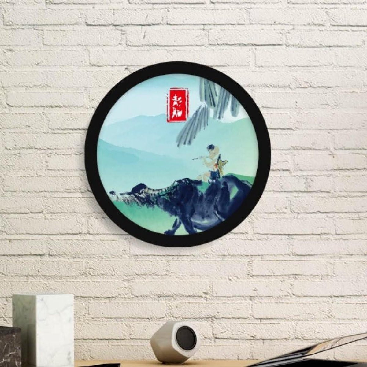 Zwarte ronde houten fotolijst met acryl bescherming voor muurdecoratie, diameter 34 cm