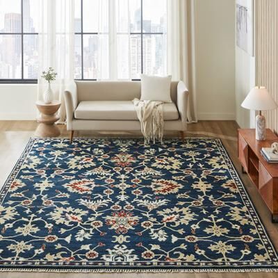 KALATY Highland Heirloom Navy Botanical Hand-Knotted Wool Area Rug