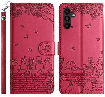 Inspired Deals Cute Cat Embossed Wallet Phone Case For Samsung Galaxy With Card Holder And Lanyard For Samsung Galaxy S24 red