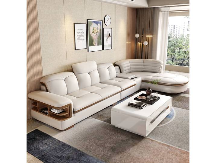 Ensembles de canapés sectionnels en cuir véritable de luxe en forme de L avec USB, haut-parleur Bluetooth - Canapés en cuir italien Linlamlim pour salon