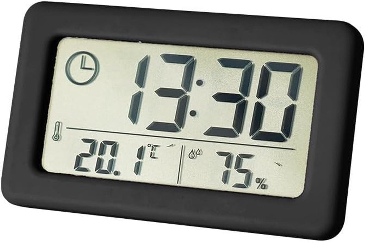 Mini digitale wekker met LED-display voor temperatuur en vochtigheid, zwart