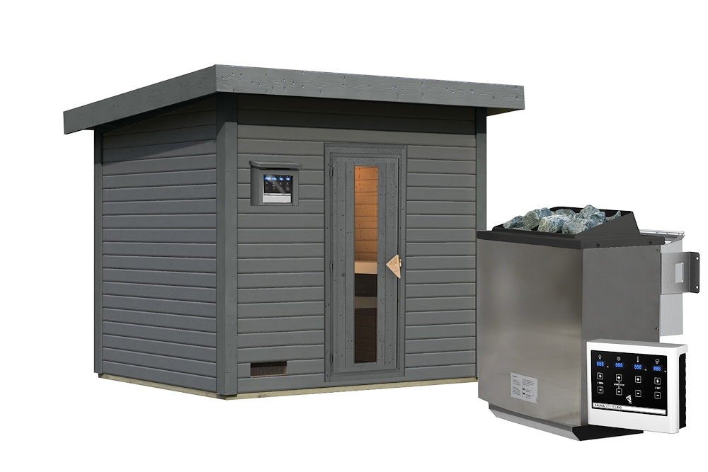 KARIBUHOLZT Sauna Hytti 3 Ofen 11kW Bio ext. Strg terragrau mit Isotür 16989913