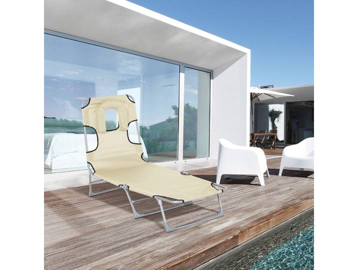 Outsunny Chaise Longue Pliante Oxford Beige Trou Lecture