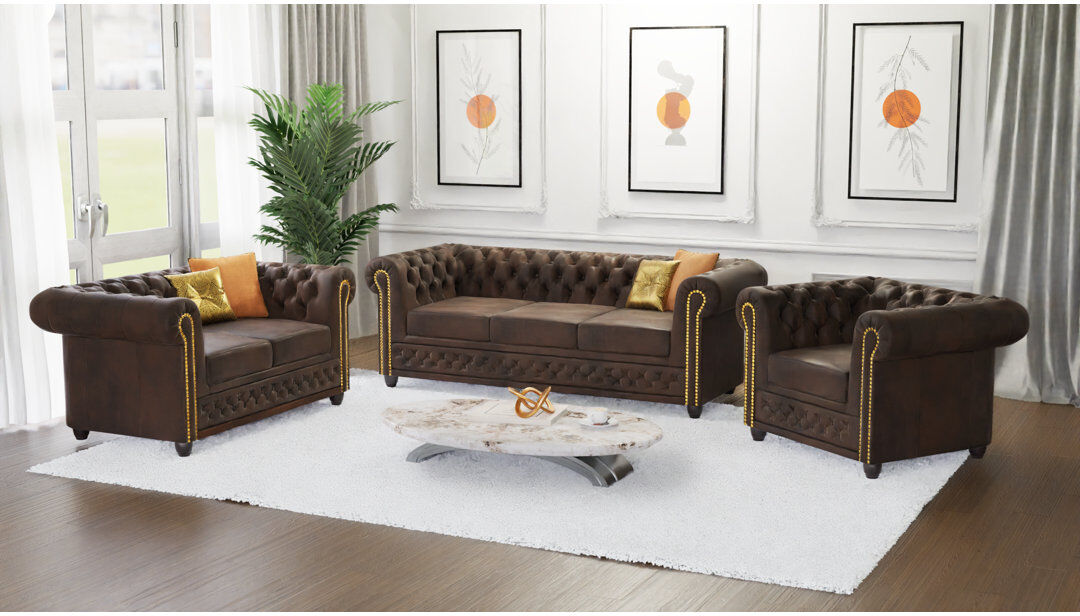 S-Style Furniture Chesterfield Armchair Friedrich Made of Vintage Look Microfibre with Solid Wood Legs Dark Brown 72cm H X 94cm W X 86cm D
