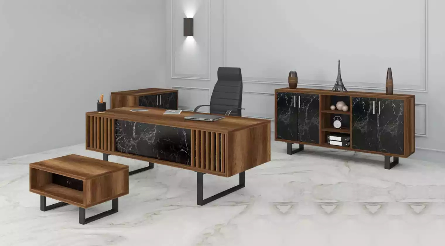 Schreibtisch Büro Set Einrichtung mit Marmor Optik Tisch Büro Schrank 4tlg.