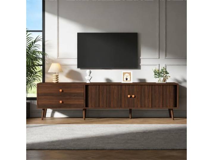QQJIN Großer Tv Lowboard 180cm Walnuss Optik Mit 2 Schubladen 2 Rolltüren Tv Schrank für Fernseher Bis 80 Zoll, Tv Bank mit 7 Standfüßen, Wohnzimmerschrank mit Viel Stauraum