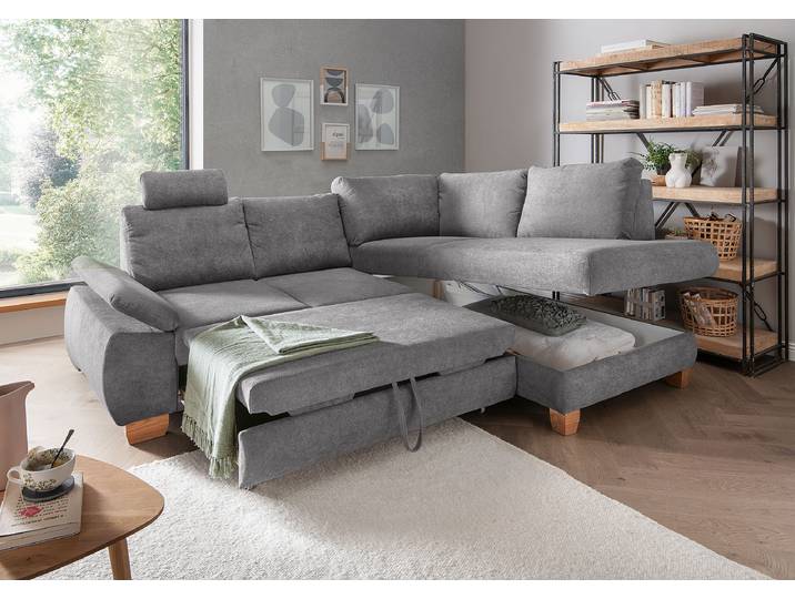 Ecksofa mit Schlaffunktion Grau Webstoff Jimin 265 x 109 x 206cm Ottomane davorstehend rechts mit Schlaffunktion Modern