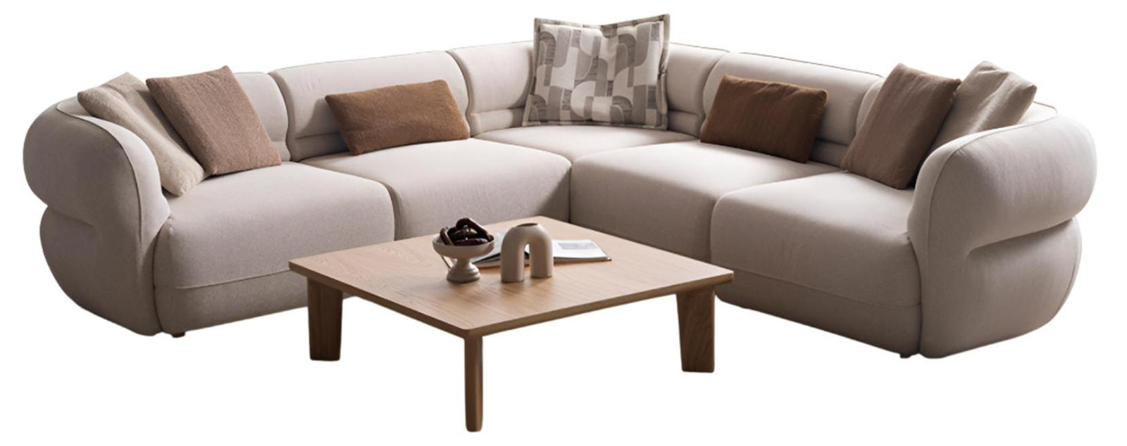 Modulaire hoekbankset met moderne houten salontafel