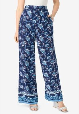 Plus Size Women's Plus Size Printed Wide Leg Pant by Roaman's in Navy Porcelain Border (Size 12 W)