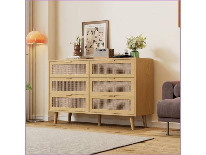 Commode 6 tiroirs - Design rétro rotin - Chêne - Pieds bois massif - 120x76.5x40 cm