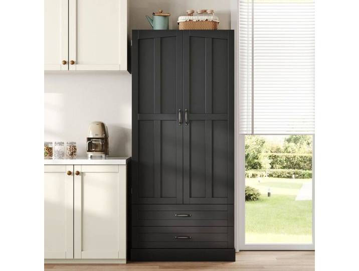 Armoire cuisine noir 80x37.5x180cm 3 tablettes coulissantes tiroirs armoire haute double porte pour cuisine salon