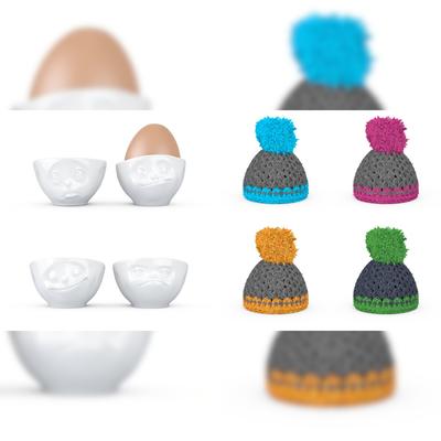 DKG utils Fiftyeight > Eierbecher Weiß Eierbecher-Sets Nr. 2 + 3 - Inkl. Mützen - Och Bitte/Lecker + Glücklich/Hmpff! > - 1 Set - Produkt-Bundle Kombi-Set