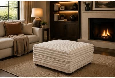 Passion Furniture Tampa Beige Square Polyester Upholstered Ottoman
