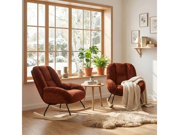 Lot de 2 fauteuils à bascule scandinaves en chenille rouge