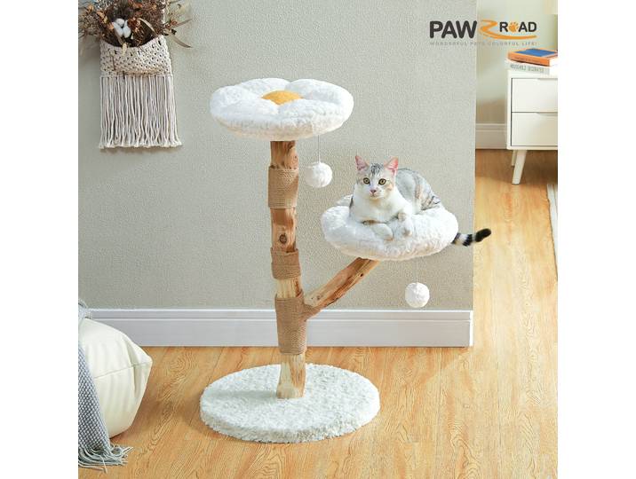 Arbre à chats fleuri pour chats d'intérieur, tour à chat moderne en bois avec 2 perchoirs, griffoir en sisal, griffoire pour chat, accessoires pour chats, jouets pour chatons