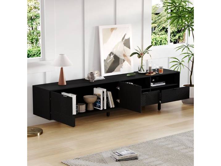 Meuble TV 200x40x51 cm 2 portes et tiroirs design géométrique panneau de particules noir