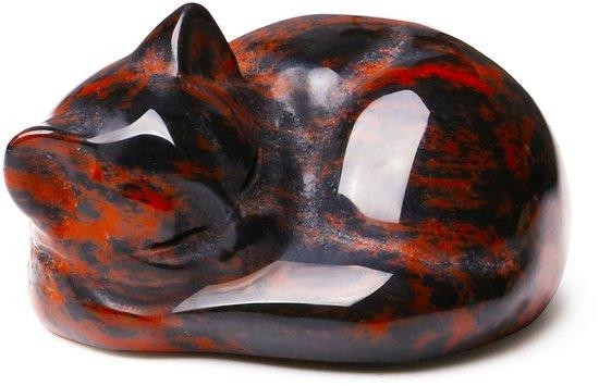 Rood en zwart obsidiaan kattenbeeldje van natuursteen - Slapende kat decoratie voor op tafel