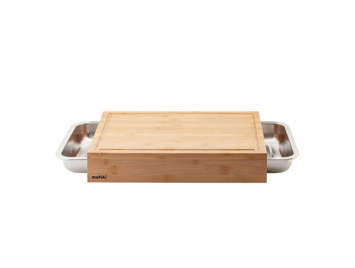 moHA! Schneidebrett, Edelstahlfarben, Hellbraun, Metall, Holz, Bambus, 31x9x42 cm, rutschfeste Füsse, Auffangwanne, schnittfeste Oberfläche, Saftrille, Küchenzubehör, Schneidebrett