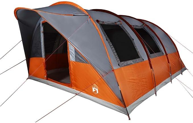 Tunnelzelt 5 Personen Grau und Orange wasserdichtes Design leichte Glasfaserstangen praktisches Steckverbindungssystem abnehmbares Überzelt E-Anschluss für Camping und Outdoor Abenteuer