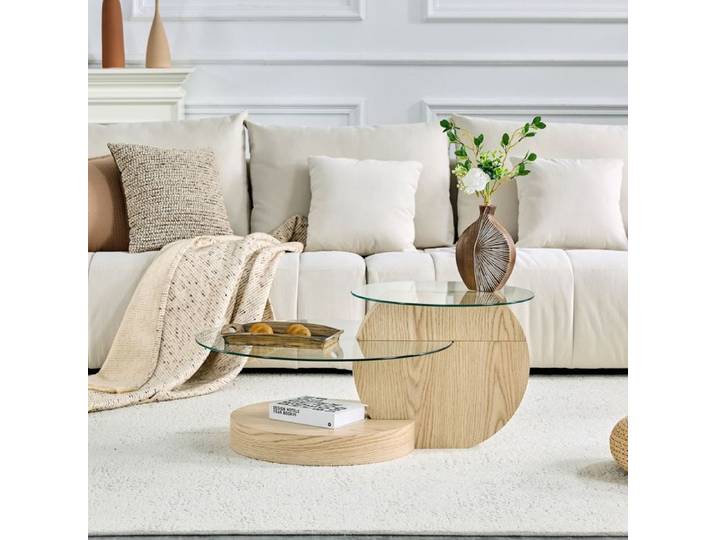 Table Basse Verre Double Niveau Bois Table Basse Moderne FloraGrace Pour Salon Montage Facile 78.99x78.51x24.51cm