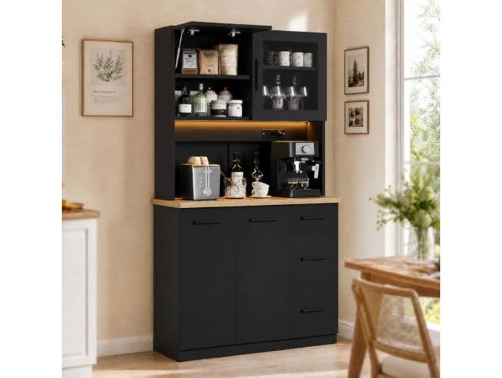 JUMMICO Küchenschrank mit Arbeitsplatte & Steckdose, Buffetschrank LED Soft-Close, Vorratsschrank Höhenverstellbar Verstärkte Rückwand, Mehrzweckschrank Küche Wohnzimmer (Schwarz*100CM)