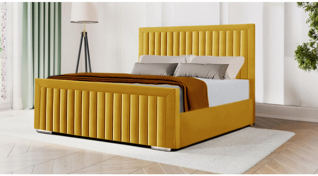 Ebern Designs Miyon Upholstered Velvet Bed Yellow Mustard Kingsize (5')