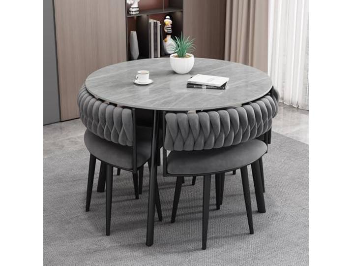 Runder Esstisch mit 4 Stühlen - Moderne 5-teiliges Esszimmer Set 90cm Marmor - Optik Tischplatte und gepolsterten Samtstühlen, Essgruppe für Küche, Esszimmer und kleine Wohnungen Platzsparend