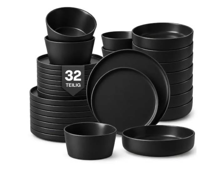 MIAMIO - Geschirrset 8 Personen, Keramik (32-teilig) - Luxe (Schwarz) Modernes Keramik Geschirrset mit Suppentellern, Tellern & Schüsseln für 8 Personen, 32er Tafelservice - spülmaschinenfest