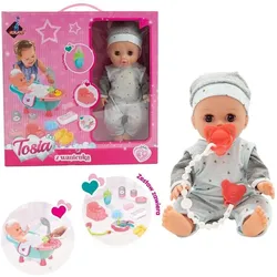 Askato Tosia-Puppe mit Badewanne in einem grau-blauen Outfit