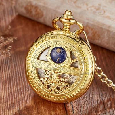 Uplift Treasures Mechanical Pocket Watch Star And Moon Phase Skeleton Design gold