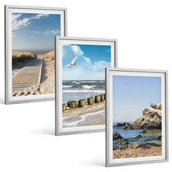 BILDER SET 3er Set - 40x60 cm Silberner Rahmen - Strand Holzsteg Klippen
