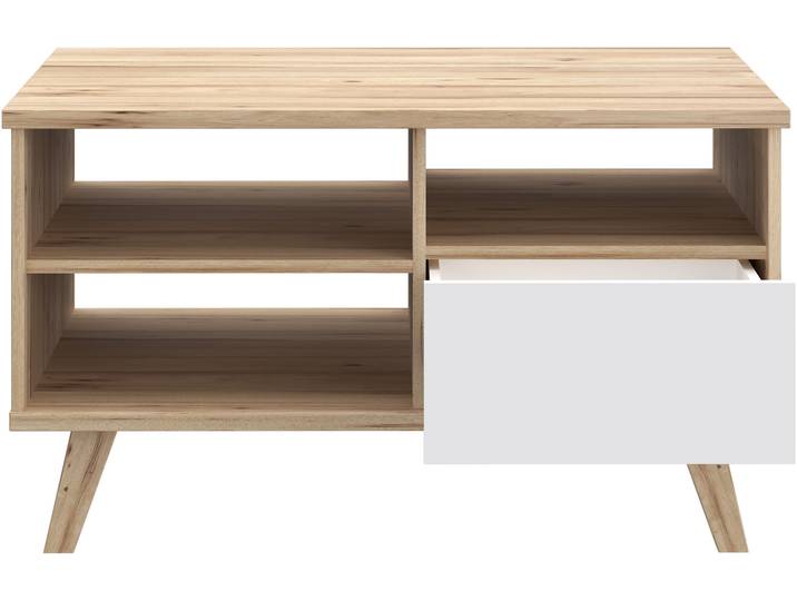 Couchtisch, 90x60 cm, Spanplatte, Planked Eiche/Weiß, Mit Schublade & Offenen Fächern, Modern, Forte