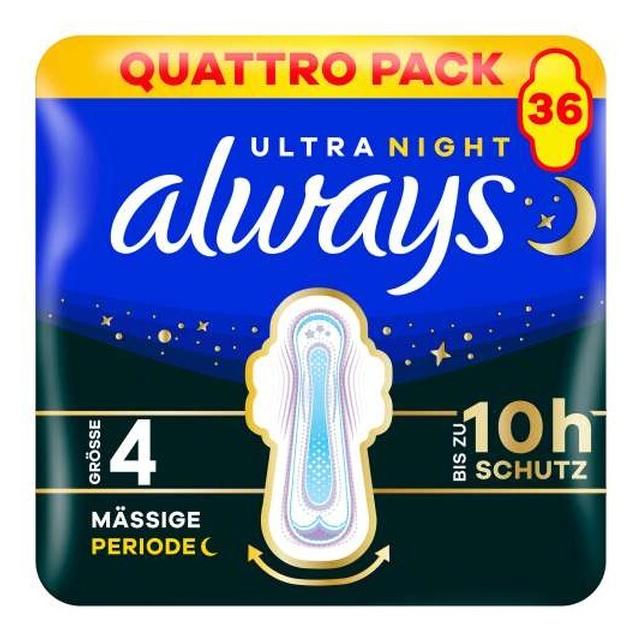 Always Ultra Binde - Grösse 4 - Secure Night mit Flügeln Quattropack 36 Damenbinde 36 Stück (36x) (125550)