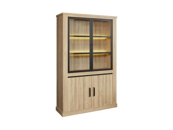 LORENZO - Argentier 4 Portes avec Leds Aspect Bois Chêne Clair Finition Frank