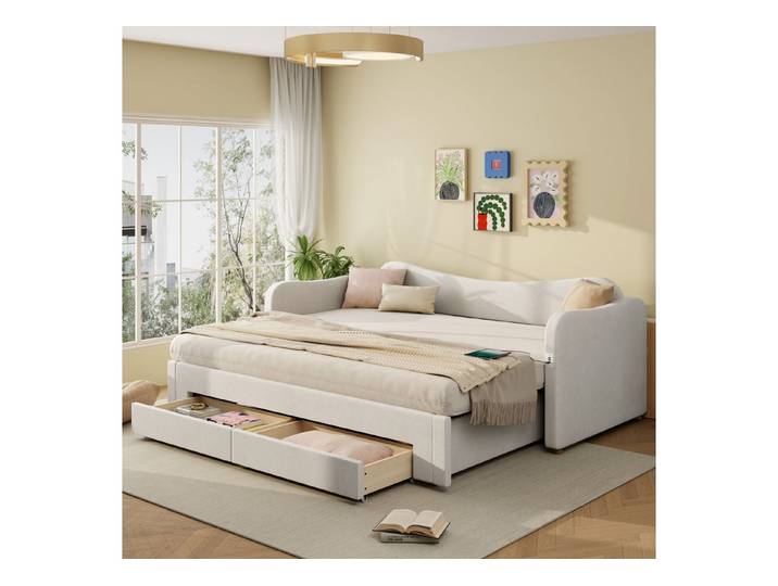 STILVORA Polsterbett 90x200 Tagesbett mit 2 Schubladen für Stauraum ausziehbar auf 180 cm (Daybett mit USB-Anschluss Boucle, vermeidet Platzverschwendung, passt sich flexibel verschiedenen Situatione), ergonomisch geformt Kopfteil