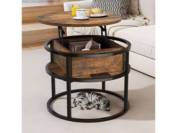 YITAHOME Table Basse - Plateau Relevable - Table Basse Ronde - Rangement Caché - 60x60x47cm - Marron